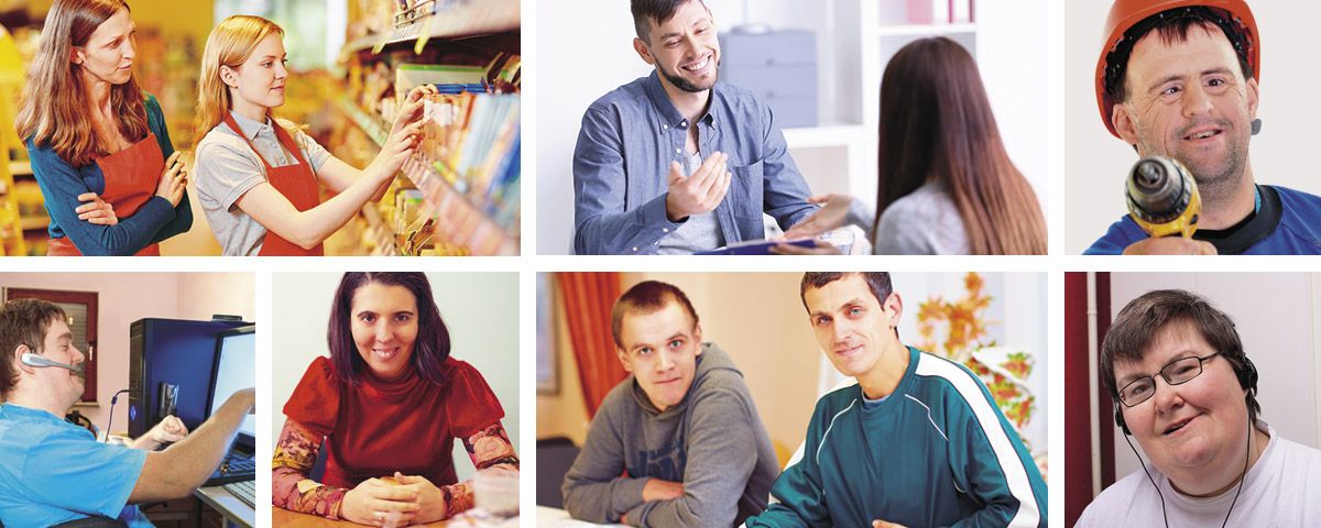 A photo collage of different types of people in the work place with intellectual disabilities.